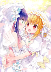  2girls anne_happy ass back blonde_hair blue_hair blush bow breasts bridal_gauntlets bridal_veil bride butt_crack cleavage dress earrings elbow_gloves eye_contact female_focus flower gloves green_eyes hanakoizumi_an hibarigaoka_ruri hug jewelry kotoji long_hair looking_at_another medium_breasts medium_hair multiple_girls necklace official_art open_mouth petals red_eyes sideboob small_breasts veil wedding_dress white_dress white_gloves wife_and_wife yuri 