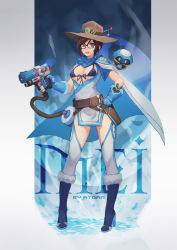 1girl adapted_costume artist_name atdan bad_id bad_pixiv_id beads belt belt_pouch bikini bikini_top_only black-framed_eyewear blue_bikini blue_footwear blue_gloves blue_scarf boots breasts brown_eyes brown_hair canister cape cassidy_(overwatch) cassidy_(overwatch)_(cosplay) character_name cleavage clenched_hand cosplay cowboy_hat dress drone energy_gun finger_on_trigger floating front-tie_top fur-trimmed_boots fur_trim glasses gloves gun hair_ornament hair_stick hand_on_own_hip handgun hat high_heel_boots high_heels highres holding holding_gun holding_weapon holster knee_boots large_breasts looking_at_viewer machinery mccree_(overwatch)_(cosplay) mei_(overwatch) open_mouth overwatch overwatch_1 pouch ray_gun robot scarf short_dress sidelocks snowball_(overwatch) snowflake_hair_ornament solo strap_gap swimsuit thighhighs utility_belt weapon rating:Sensitive score:15 user:danbooru