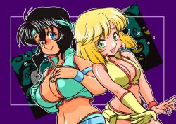  2girls :d aqua_gloves aqua_headband aqua_shorts aqua_vest armlet bare_shoulders bare_tree belt black_hair blonde_hair blue_belt blue_bracelet blue_eyes blunt_ends blush bob_cut border breasts breasts_squeezed_together cleavage closed_mouth commentary cosplay cowboy_shot dark-skinned_female dark_skin dirty_pair dutch_angle earrings eyelashes fang ghost gloves green_eyes gunsmith_cats hair_between_eyes halloween halloween_costume hands_on_own_chest hat inverted_bob jack-o&#039;-lantern jewelry kei_(dirty_pair) kei_(dirty_pair)_(cosplay) koshou_shoushou+kinsho large_breasts looking_at_viewer medium_breasts midriff minnie_may_hopkins multiple_girls navel nose_blush open_mouth outline outside_border own_hands_together pink_bracelet plunging_neckline popped_collar purple_background raised_eyebrows rally_vincent short_hair short_shorts shorts sidelocks single_glove smile spread_fingers swept_bangs tan tree v_arms vest wavy_hair white_border white_outline witch_hat yellow_belt yellow_gloves yellow_shorts yellow_vest yuri_(dirty_pair) yuri_(dirty_pair)_(cosplay) 