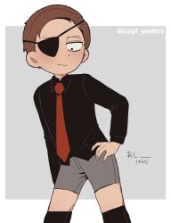  1boy artist_name black_shirt brown_hair collared_shirt commentary commentary_request cowboy_shot craigt_love9019 evil_morty eyepatch formal hand_on_own_hip highres male_focus morty_smith necktie one_eye_covered red_necktie rick_and_morty shirt short_hair shorts simple_background smile solo suit translation_request white_background  rating:Sensitive score:5 user:danbooru