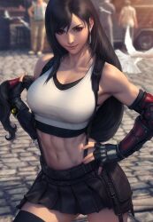 1girl abs bird black_hair blurry blurry_background brown_eyes crop_top dangle_earrings dove earrings final_fantasy final_fantasy_vii final_fantasy_vii_remake fingerless_gloves gloves hand_on_own_hip highres holding holding_own_hair jewelry long_hair low-tied_long_hair navel single_arm_guard skirt smile solo_focus stanley_lau stomach suspender_skirt suspenders tank_top teardrop_earrings thighhighs tifa_lockhart toned very_long_hair white_tank_top