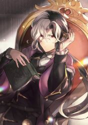  1boy armchair black_coat black_hair black_jacket book bookshelf chair closed_mouth coat curtained_hair dragalia_lost frilled_sleeves frills frown furrowed_brow glasses hair_between_eyes hand_on_headphones headphones heinwald_(dragalia_lost) holding holding_book jacket layered_sleeves long_hair long_sleeves looking_at_viewer low_ponytail male_focus multicolored_hair necktie oh01861884 open_book open_clothes open_coat pince-nez red_eyes shirt sitting solo streaked_hair sunlight two-tone_hair upper_body white_hair white_necktie white_shirt 