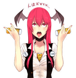  1girl \n/ ahegao armpits bad_id bad_pixiv_id bat_wings between_breasts blush breasts buttons can canned_coffee coffee collarbone daiji_pt drink_can embodiment_of_scarlet_devil female_focus fingernails georgia_max_coffee hair_between_eyes head_wings holding koakuma long_hair m/ medium_breasts nail_polish open_mouth pink_nails red_eyes red_hair rolling_eyes sexually_suggestive shirt sidelocks simple_background solo taut_clothes taut_shirt tears tongue tongue_out touhou translated upper_body vest white_background white_shirt wings  rating:Sensitive score:43 user:danbooru