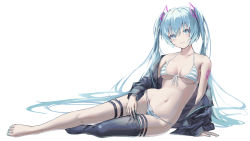  1girl absurdres arm_support azarasi_haru bare_legs bare_shoulders barefoot bikini black_jacket black_thighhighs blue_eyes blue_hair blush breasts closed_mouth commentary_request front-tie_top hair_between_eyes hair_ornament halterneck hatsune_miku highres jacket long_hair long_sleeves looking_at_viewer medium_breasts nail_polish navel off_shoulder sideways simple_background single_thighhigh sitting smile solo stomach string_bikini striped_bikini striped_clothes swimsuit thigh_strap thighhighs toenail_polish toenails very_long_hair vocaloid white_background  rating:Questionable score:33 user:Zyl