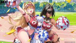  3girls absurdres bay_(nikke) between_breasts black_hair blonde_hair blue_eyes blush breast_press breast_smother breasts brown_eyes cheerleader clay_(nikke) closed_eyes closed_mouth crop_top day face_between_breasts face_to_breasts goddess_of_victory:_nikke hair_intakes head_between_breasts height_difference highres large_breasts long_hair looking_at_another multiple_girls navel one_eye_closed open_mouth outdoors pleated_skirt poli_(cheer_up_police)_(nikke) poli_(nikke) pom_pom_(clothes) red_skirt sandwiched short_twintails skirt standing twintails visor_cap white_hair white_skirt yuri 