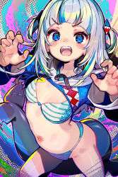  1girl bikini blue_eyes blue_hair blunt_bangs blush_stickers breasts claw_pose commentary_request cowboy_shot fins fish_tail gawr_gura hair_ornament highres hololive hololive_english looking_at_viewer multicolored_background multicolored_hair navel onono_imoko open_mouth shark_hair_ornament shark_tail sharp_teeth small_breasts solo streaked_hair striped_bikini striped_clothes swimsuit tail teeth two-tone_hair upper_teeth_only v-shaped_eyebrows virtual_youtuber white_hair 