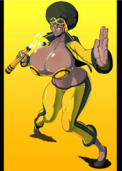 1girl afro breasts bruce_lee&#039;s_jumpsuit cleavage collarbone dark-skinned_female dark_skin electricity fighting_stance gigantic_breasts goggles goggles_on_head gradient_background groin headphones highres knees legs lipstick makeup nunchaku open_mouth samurai_rock sasaki_tatsuya science_fiction shiny_skin smile solo sunglasses tongue weapon rating:Questionable score:55 user:danbooru