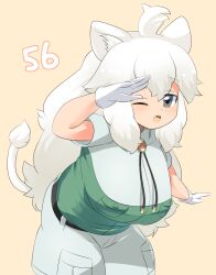  1girl animal_ear_fluff animal_ears blush bolo_tie breast_pocket breasts captain_(kemono_friends) captain_(kemono_friends)_(cosplay) commentary_request cosplay cowboy_shot gloves green_shirt grey_eyes grey_shirt grey_shorts highres kemono_friends kemono_friends_3 large_breasts leaning_forward lets0020 lion_ears lion_girl lion_tail long_hair looking_at_viewer medium_bangs numbered one_eye_closed open_mouth pocket salute shirt short_sleeves shorts sidelocks simple_background solo tail two-tone_shirt very_long_hair white_gloves white_hair white_lion_(kemono_friends) yellow_background 