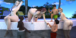  3boys 3d 3girls absurdres age_difference arm_behind_head ass bare_legs bare_shoulders barefoot bent_over bikini black_hair blonde_hair blue_eyes breasts butt_crack claire_redfield cloud curvy dark-skinned_male dark_skin feet gradient_hair hairband hand_grab highres huge_ass jill_valentine large_breasts long_hair medium_breasts micro_bikini multicolored_hair multiple_boys multiple_girls navel ponytail pool red_hair resident_evil sherry_birkin short_hair shota sitting size_difference sky smile swimsuit the_majestic thick_thighs thighs thong tree water wide_hips  rating:Explicit score:11 user:Verdeleth