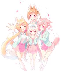  4girls :d ^_^ absurdres amamiya_aki amamiya_mei animal_ear_fluff animal_ears arm_up blazer blonde_hair blue_jacket blue_vest blush breasts brown_hair closed_eyes closed_mouth collared_shirt cynthia_riddle facing_viewer fox_ears fox_girl fox_tail hair_ornament hairband hairclip highres jacket long_hair looking_at_viewer loose_socks low_twintails medium_breasts milia_leclerc mofu-mofu_after_school mofumofu_channel multiple_girls necktie open_clothes open_jacket open_mouth outstretched_arm p19 petals pink_hair pink_necktie pink_skirt pleated_skirt purple_eyes rabbit_ears school_uniform shirt shoes siblings simple_background sisters skirt smile socks standing standing_on_one_leg tail twintails very_long_hair vest white_background white_footwear white_hair white_hairband white_shirt white_socks x_hair_ornament 