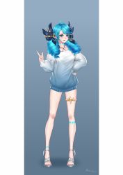 1girl absurdres ahoge alternate_costume black_bow bow breasts brown_bow bwcloud drill_hair earrings full_body gradient_background green_background green_eyes green_hair grey_sweater gwen_(league_of_legends) hair_bow hand_on_own_hip hand_up highres index_finger_raised jewelry league_of_legends long_hair long_sleeves medium_breasts open_mouth signature solo standing sweater twin_drills twintails two-tone_bow white_background white_sweater rating:Sensitive score:16 user:danbooru