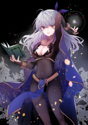  1girl ahoge arm_up book breasts bridal_gauntlets brown_eyes cape cleavage cosplay covered_navel dark_background dark_mage_(fire_emblem_awakening) feet_out_of_frame fire_emblem fire_emblem:_radiant_dawn gluteal_fold hair_ribbon holding holding_book konataeru loincloth long_hair looking_at_viewer magic medium_breasts micaiah_(fire_emblem) nintendo official_alternate_costume open_book open_mouth petals purple_cape purple_ribbon ribbon silver_hair skin_tight solo standing tharja tharja_(cosplay) tharja_(fire_emblem) tharja_(fire_emblem)_(cosplay) v-shaped_eyebrows 