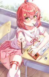  1girl ahoge bandaid bandaid_hair_ornament bandaid_on_knee bandaid_on_leg cat_hair_ornament chair desk food food_in_mouth green_eyes hair_ornament highres holding holding_food holding_pocky hololive looking_at_viewer nail_polish official_alternate_costume pink_hair pink_nails pink_skirt pocky pocky_in_mouth qussie sakura_miko sakura_miko_(school_uniform) school_chair school_desk school_uniform shirt short_hair skirt smile solo thigh_strap thighhighs virtual_youtuber white_shirt white_thighhighs 