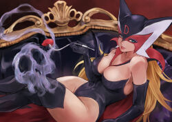  1girl bare_shoulders black_gloves black_leotard blonde_hair blue_eyes boots breasts cape collarbone couch crossed_legs doronjo elbow_gloves eyelashes eyeshadow gloves highleg highleg_leotard highres j-u-n06 large_breasts leotard long_hair looking_at_viewer makeup mask narrowed_eyes parted_lips reclining red_lips seductive_smile skull smile smoke smoke_trail smoking_pipe solo strapless strapless_leotard thigh_boots thighs yatterman 