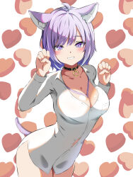  1girl absurdres ahoge animal_collar animal_ear_fluff animal_ears arms_up black_collar blush breasts button_gap cat_ears cat_girl cat_tail claw_pose cleavage collar heart heart_background highres hololive large_breasts long_sleeves looking_at_viewer loose_neck_ribbon lop_eared_r naked_shirt nekomata_okayu nekomata_okayu_(oversized_shirt) no_panties official_alternate_costume partially_unbuttoned purple_eyes purple_hair purple_ribbon ribbon shirt short_hair smile solo tail virtual_youtuber white_shirt 