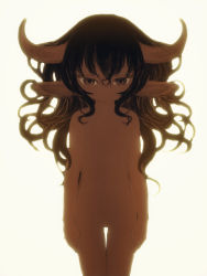 1girl animal_ears dark_skin feral_lemma flat_chest highres horns loli looking_at_viewer monster_girl nude simple_background single_horn standing thigh_gap upper_body white_background rating:Questionable score:42 user:Gaudy