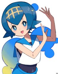  1girl :d black_one-piece_swimsuit blue_eyes blue_hair blue_pants blue_sailor_collar blush bright_pupils commentary_request creatures_(company) game_freak hairband hands_up happy highres kanimaru lana_(pokemon) looking_at_viewer nintendo no_sclera one-piece_swimsuit open_mouth pants pokemon pokemon_sm sailor_collar shirt short_hair sleeveless smile solo swimsuit swimsuit_under_clothes upper_body white_background white_pupils white_shirt yellow_hairband 