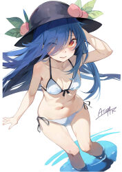  1girl absurdres bikini black_hat blue_hair blush breasts cleavage commentary_request hat highres hinanawi_tenshi long_hair looking_at_viewer navel one_eye_closed peach_hat_ornament red_eyes signature simple_background small_breasts solo swimsuit tetsurou_(fe+) touhou white_background white_bikini 