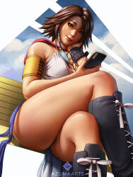  1girl artist_name azuma_yasuo bench boots breasts cellphone cleavage cross-laced_footwear crossed_legs final_fantasy final_fantasy_x final_fantasy_x-2 heterochromia highres hood medium_breasts phone short_hair short_shorts shorts showgirl_skirt smartphone smile solo thighs yuna_(ff10) 