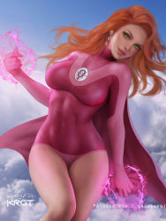  1girl above_clouds atom_eve breasts cape cloud commentary english_commentary feet_out_of_frame flying green_eyes grin invincible_(series) leotard long_hair looking_at_viewer medium_breasts orange_hair patreon_username pink_cape pink_leotard shurakrgt skin_tight sky smile solo superhero_costume thighs venus_symbol  rating:Sensitive score:92 user:danbooru