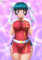  1girl absurdres beyblade blush breasts bun_cover china_dress chinese_clothes crescent double_bun dress fingerless_gloves gloves green_hair hair_bun hands_on_own_chest highres large_breasts looking_at_viewer mei_mei_(beyblade) metal_fight_beyblade open_mouth purple_background purple_eyes red_dress sleeveless sleeveless_dress white_gloves wide_hips zel-sama 