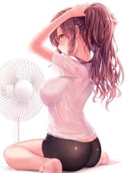 1girl adjusting_hair ass bad_id bad_twitter_id barefoot bike_shorts black_shorts blush brown_eyes brown_hair butt_crack commentary electric_fan feet food from_behind full_body haruka_natsuki highres long_hair looking_at_viewer looking_back mouth_hold original ponytail popsicle see-through shirt short_sleeves shorts simple_background sitting solo sweat wariza wet wet_clothes wet_shirt white_background white_shirt rating:Sensitive score:52 user:danbooru