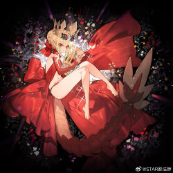  1girl blonde_hair crown cup dragon_tail dress fate/grand_order fate_(series) hair_ornament holding holding_cup long_hair nero_claudius_(fate) nero_claudius_(fate)_(all) pointy_ears queen_draco_(fate) red_dress red_eyes starshadowmagician tail 