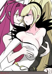  2girls blonde_hair blush grabbing_another&#039;s_breast breasts cleavage eyeshadow from_behind grabbing heterochromia highres hilda_(under_night_in-birth) large_breasts long_hair makeup multiple_girls red_hair tomo_(bacantshift1st) tsu-mo3 under_night_in-birth yuri yuzuriha_(under_night_in-birth)  rating:Questionable score:14 user:ybc27222