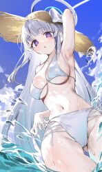  1girl armpits bare_arms bare_legs bare_shoulders bikini blue_archive blush breasts cowboy_shot day gluteal_fold grey_hair halo hat highres large_breasts long_hair mechanical_halo misekiss navel noa_(blue_archive) outdoors parted_lips purple_eyes solo straw_hat swimsuit water wet white_bikini 