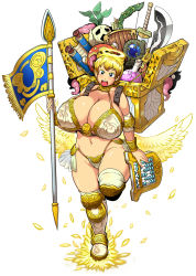 1girl angel armlet armor bikini bikini_armor blonde_hair blue_eyes boots bracer breasts cleavage curvy female_focus flag fringe_trim groin halo highres huge_breasts leg_lift navel open_mouth polearm running sasaki_tatsuya scroll short_hair simple_background smile solo swimsuit sword thick_thighs thighs treasure_chest weapon white_background white_wings wide_hips wings rating:Questionable score:45 user:Xander
