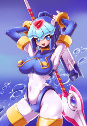  1girl android blue_eyes boots breasts capcom doromoti_(artist) female_focus figure helmet large_breasts fairy_leviathan_(mega_man) mega_man_(series) mega_man_zero_(series) polearm smile solo spear suteito thigh_boots thighhighs weapon  rating:Questionable score:16 user:HerrBlitzDiktator