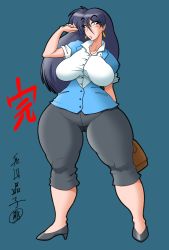  1girl black_hair breasts curvy highres hitoshi_kusano large_breasts long_hair mature_female plump solo standing tagme thick_thighs thighs 