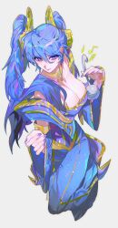  1girl blue_dress blue_eyes blue_hair blue_nails breasts cleavage closed_mouth collarbone commentary detached_sleeves dress fingernails full_body grey_background hair_between_eyes highres league_of_legends long_hair looking_at_viewer medium_breasts musical_note nail_polish sidelocks sigeumchimuchim simple_background smile solo sona_(league_of_legends) symbol-only_commentary twintails wide_sleeves 