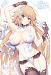 1girl arm_up armpits artoria_pendragon_(fate) artoria_pendragon_(lancer_alter)_(fate) artoria_pendragon_(lancer_alter)_(fate)_(cosplay) artoria_pendragon_(lancer_alter)_(royal_icing)_(fate) artoria_pendragon_(lancer_alter)_(royal_icing)_(fate)_(cosplay) bare_shoulders blonde_hair breasts brown_gloves brown_thighhighs choker cleavage collarbone cosplay fate/apocrypha fate/grand_order fate_(series) garter_belt gloves hair_ornament halterneck hand_up highres jeanne_d&#039;arc_(fate) jeanne_d&#039;arc_(ruler)_(fate) large_breasts lingerie long_hair looking_at_viewer miko_(royal_milk) navel no_panties official_alternate_costume parted_lips purple_eyes see-through snowflake_hair_ornament solo stomach thighhighs underwear very_long_hair rating:Sensitive score:58 user:danbooru
