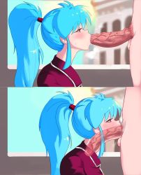 1girl blue_hair blush botan_(yu_yu_hakusho) clothed_female_nude_male deepthroat fellatio from_side high_ponytail highres indoors large_penis long_hair looking_at_another male_pubic_hair multiple_views nude oral penis ponytail pubic_hair red_eyes sidelocks solo_focus standing subulewds uncensored x-ray yuu_yuu_hakusho rating:Explicit score:113 user:Ynyswydryn