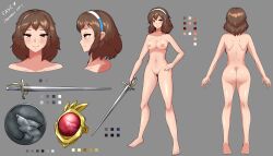  1girl ass breasts brown_eyes brown_hair coin completely_nude concept_art doppel_(cursed_atelier) doppel_(kitsune2014130023) highres jewelry medium_breasts midriff nipples nude ring short_hair sword weapon 