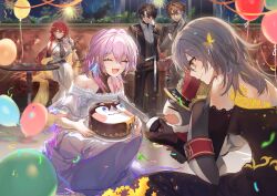  1other 2boys 3girls absurdres alternate_costume asymmetrical_gloves bare_shoulders birthday_cake black_dress black_gloves breasts cake cleavage closed_eyes closed_mouth commentary_request crossed_legs crying cup dan_heng_(honkai:_star_rail) dress elbow_gloves facing_another food gloves grey_hair highres himeko_(honkai:_star_rail) holding holding_cup holding_knife honkai:_star_rail honkai_(series) knife large_breasts looking_at_another march_7th_(honkai:_star_rail) medium_hair mismatched_gloves mole mole_on_breast multiple_boys multiple_girls off-shoulder_dress off_shoulder open_mouth pink_hair pom-pom_(honkai:_star_rail) red_eyes see-through see-through_cleavage sitting smile sp0i0ppp squatting standing stelle_(honkai:_star_rail) streaming_tears tears trailblazer_(honkai:_star_rail) uneven_gloves welt_yang white_dress white_gloves yellow_eyes 