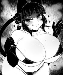  1girl :q animal_ears bikini blunt_bangs blush breasts cat_ears cat_tail choker cleavage collarbone commentary_request cowboy_shot extra_ears gloves greyscale haseru_(ginku_mh) heart heart-shaped_pupils huge_breasts kaenbyou_rin leaning_forward looking_at_viewer micro_bikini monochrome nekomata pointy_ears solo sweat swimsuit symbol-shaped_pupils tail tongue tongue_out touhou 