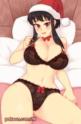 1girl absurdres artist_name bare_arms bare_shoulders black_bra black_hair black_panties bow bow_bra bow_panties bowtie bra breasts cleavage commentary english_commentary fur_trim twirling_hair hat heart heart-shaped_pupils highres lace lace_bra lace_panties large_breasts lingerie looking_at_viewer navel on_bed open_mouth panties patreon_username pillow pom_pom_(clothes) red_bow red_bowtie red_eyes rtil santa_hat sidelocks solo spy_x_family symbol-shaped_pupils underwear underwear_only yor_briar rating:Questionable score:33 user:danbooru