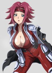  1girl absurdres arm_behind_back bent_over black_jacket blue_eyes blush bodysuit breasts chestnut_mouth cleavage code_geass commentary gloves grey_background hand_on_own_leg headband highres jacket jacket_on_shoulders kouzuki_kallen large_breasts leaning_forward light_blush looking_at_viewer no_bra open_clothes open_jacket open_mouth parted_bangs partially_unzipped pilot_suit red_bodysuit red_gloves red_hair red_headband safety_kaijo short_hair sidelocks simple_background solo spread_legs sweat 
