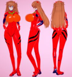  1girl 3d adapted_costume alternate_breast_size ass blue_eyes bodysuit breasts brown_hair character_sheet curvy full_body huge_ass huge_breasts long_hair looking_at_viewer multiple_views neon_genesis_evangelion pink_background plugsuit puripuri_jet red_bodysuit shiny_clothes simple_background skin_tight smile souryuu_asuka_langley standing turnaround twintails two_side_up wide_hips  rating:Questionable score:5 user:popotepopote