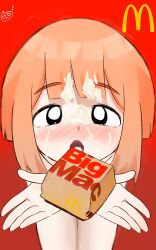  1girl @_@ big_mac blush child cowboy_shot cum cum_in_mouth cum_on_hair cum_on_hands cum_on_tongue facial feet_out_of_frame flat_chest food hands_up highres holding holding_food legs_together loli looking_at_viewer mcdonald&#039;s mcdonald&#039;s_girl nose_blush nude open_mouth orange_hair red_background short_hair simple_background sketch standing thighs tongue tongue_out 