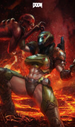  1girl 1other abs absurdres adapted_costume armor armored_gloves bikini_armor boobplate breastplate breasts commentary covered_face demon doom_(series) doom_eternal doomguy english_commentary genderswap genderswap_(mtf) glowing glowing_eyes gun hell helmet highres holding holding_gun holding_weapon imp_(doom) large_breasts leg_armor midriff monori_rogue muscular muscular_female navel paid_reward_available pauldrons praetor_suit red_eyes scar scar_on_stomach shotgun shoulder_armor shoulder_cannon solo space_marine thick_thighs thighs veins veiny_arms weapon 