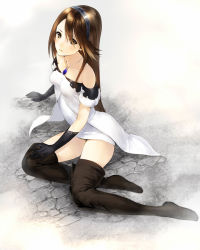  1girl 5pb. agnes_oblige bare_shoulders blush boots bravely_default:_flying_fairy bravely_default_(series) brown_eyes brown_hair gloves hairband jewelry long_hair looking_at_viewer makimura_shunsuke necklace sitting solo thigh_boots thighhighs yokozuwari zettai_ryouiki  rating:Sensitive score:62 user:danbooru