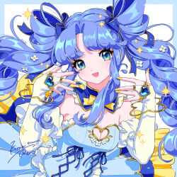  1girl :d absurdres blue_border blue_bow blue_dress blue_eyes blue_gemstone blue_hair border bow bridal_gauntlets cleavage_cutout clothing_cutout curly_hair detached_collar dot_nose dress flower gem hair_bow hair_flower hair_ornament hair_rings head_tilt highres kisumi_rei long_hair looking_at_viewer multicolored_eyes open_mouth original parted_bangs signature smile solo sparkle twintails twitter_username upper_body white_background white_bridal_gauntlets yellow_bow yellow_eyes yellow_nails 
