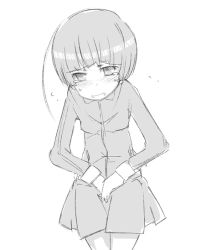  1girl between_legs blush breasts cowboy_shot embarrassed female_focus flying_sweatdrops greyscale half-closed_eyes hand_between_legs have_to_pee jacket long_sleeves looking_at_viewer miniskirt monochrome nose_blush open_mouth original own_hands_together pleated_skirt short_hair simple_background sketch skirt small_breasts solo standing sweat t=k tears white_background 