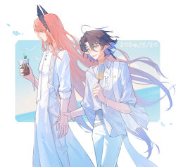  2boys absurdres ahoge alternate_costume arknights bieshi blue_hair blue_sky border bracelet brown_hair coat colored_inner_hair commentary cup dated english_commentary feather_hair feet_out_of_frame food gradient_hair highres holding holding_cup holding_food holding_hands holding_popsicle jewelry lumen_(arknights) multicolored_hair multiple_boys ocean open_mouth orange_hair outdoors pants passenger_(arknights) pointy_ears popsicle shirt short_hair sky smile white_coat white_pants white_shirt yaoi yellow_eyes 