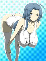  1girl ahoge ass bent_over blue_eyes blue_hair blush breasts cleavage collarbone covered_erect_nipples hanging_breasts huge_breasts idolmaster idolmaster_(classic) leaning_forward long_hair matching_hair/eyes miura_azusa one-piece_swimsuit sagging_breasts school_swimsuit solo swimsuit thighhighs wakame white_school_swimsuit white_one-piece_swimsuit  rating:Questionable score:131 user:danbooru