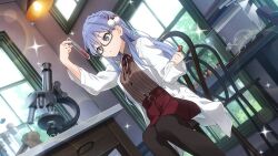  1girl 22/7 22/7_ongaku_no_jikan belt black-framed_eyewear black_pantyhose blue_eyes blue_hair blurry braid coat cork depth_of_field desk dutch_angle foot_out_of_frame fossil from_below game_cg hair_ornament hair_ribbon highres holding holding_pipette holding_test_tube indoors lab_coat laboratory lens_flare light_blue_hair looking_at_object maruyama_akane microscope non-web_source official_art on_chair open_clothes open_coat pantyhose pipette rectangular_eyewear red_belt red_ribbon red_skirt ribbon semi-rimless_eyewear single_braid sitting skirt solo sparkle test_tube test_tube_rack under-rim_eyewear white_coat window 