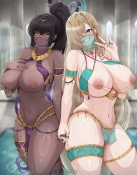  2girls alternate_costume aqua_nails asuna_(blue_archive) black_hair blue_archive blue_eyes blue_halo blush breast_curtains breasts cleavage closed_mouth commission curvy dancer dark-skinned_female dark_skin fingernails grin hair_between_eyes hair_over_one_eye halo harem_outfit highres huge_breasts indoors karin_(blue_archive) light_brown_hair linked_piercing long_hair looking_at_viewer mole mole_on_breast mouth_veil multiple_girls nail_polish navel navel_piercing nipple_chain nipple_piercing nipples pelvic_curtain piercing ponytail purple_halo revealing_clothes smile thick_thighs thighs twitter_username tyrzul v veil wet yellow_eyes 